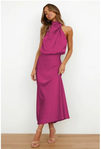 Lena | Women's Stand Collar Flowing Elegant Maxi Dress in Magenta