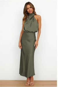 Lena | Women's Stand Collar Flowing Elegant Maxi Dress in Olive Green