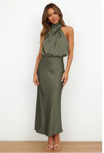 Lena | Women's Stand Collar Flowing Elegant Maxi Dress in Olive Green