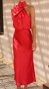 Lena | Women's Stand Collar Flowing Elegant Maxi Dress in Red