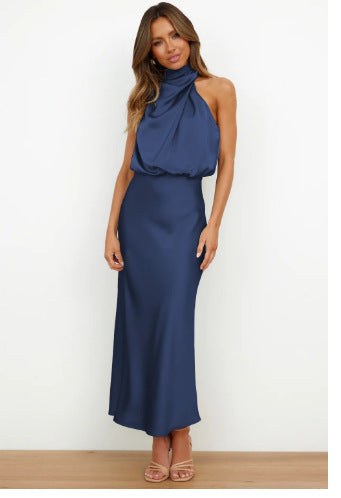 Lena | Women's Stand Collar Flowing Elegant Maxi Dress in Royal Blue