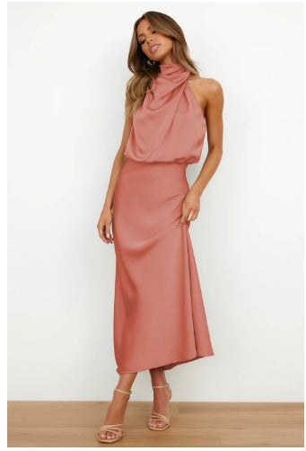 Lena | Women's Stand Collar Flowing Elegant Maxi Dress in Soft Red