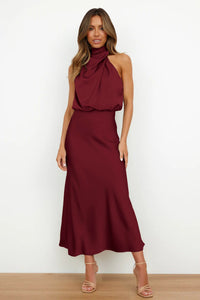 Lena | Women's Stand Collar Flowing Elegant Maxi Dress in Wine Red