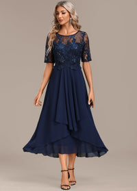 Lena | Women's Lace Panel Midi Dress in Navy