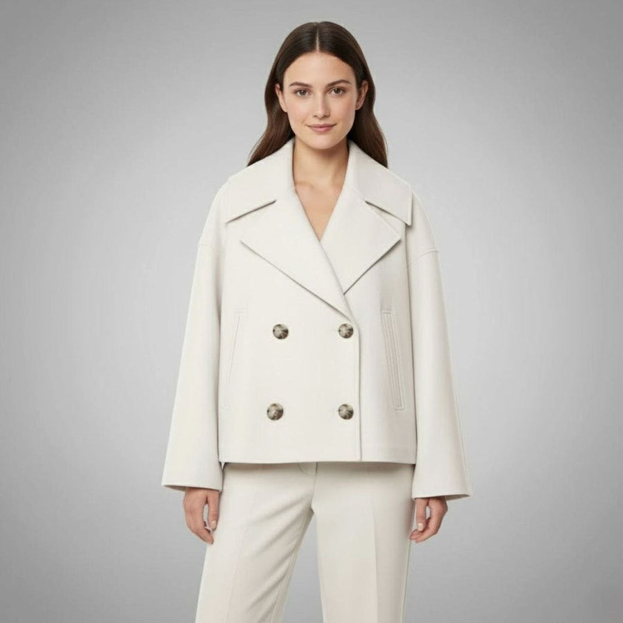 Leona | Women's Elegant Double-Breasted Oversized Short Wool Coat in Beige