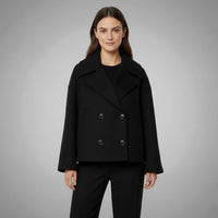 Leona | Women's Elegant Double-Breasted Oversized Short Wool Coat in Black