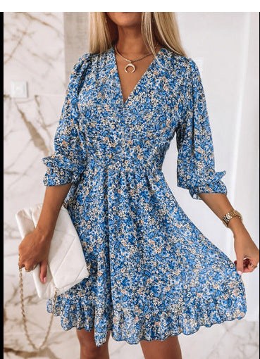 Leonie | Women's V-Neck Flowing Ruffle Maxi Dress in Blue