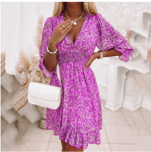 Leonie | Women's V-Neck Flowing Ruffle Maxi Dress in Purple