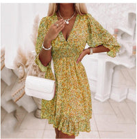 Leonie | Women's V-Neck Flowing Ruffle Maxi Dress in Yellow