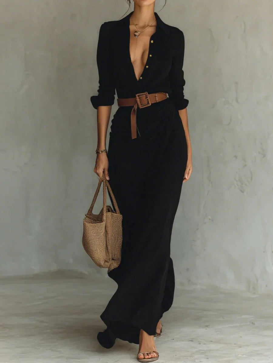 Leonie | Women's Long Sleeve Belted Maxi Dress in Black