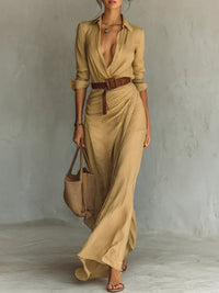 Leonie | Women's Long Sleeve Belted Maxi Dress in Brown