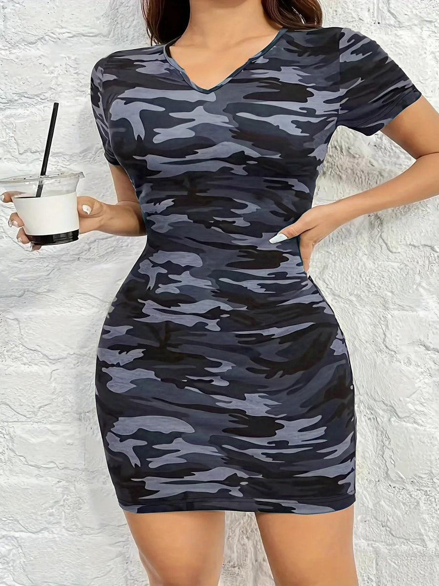 Leonora | Women's V-Neck Bodycon Dress in Blue