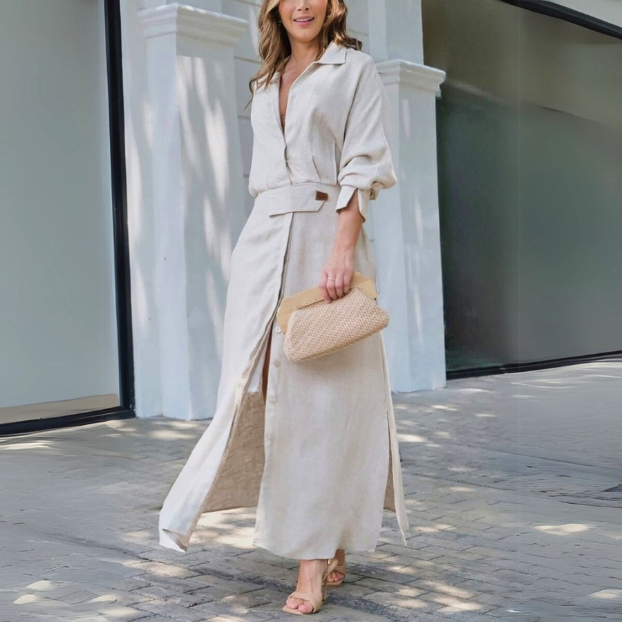Leonora | Women's Long Sleeve Button Front Dress in Beige
