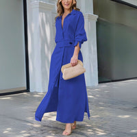 Leonora | Women's Long Sleeve Button Front Dress in Blue