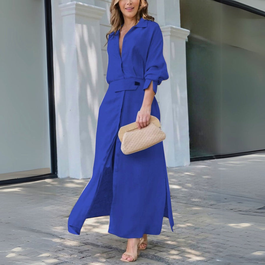 Leonora | Women's Long Sleeve Button Front Dress in Blue