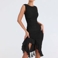 Leontine | Women's Ruffle Detail Asymmetric Bodycon Cocktail Dress in Black