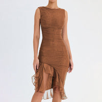 Leontine | Women's Ruffle Detail Asymmetric Bodycon Cocktail Dress in Brown