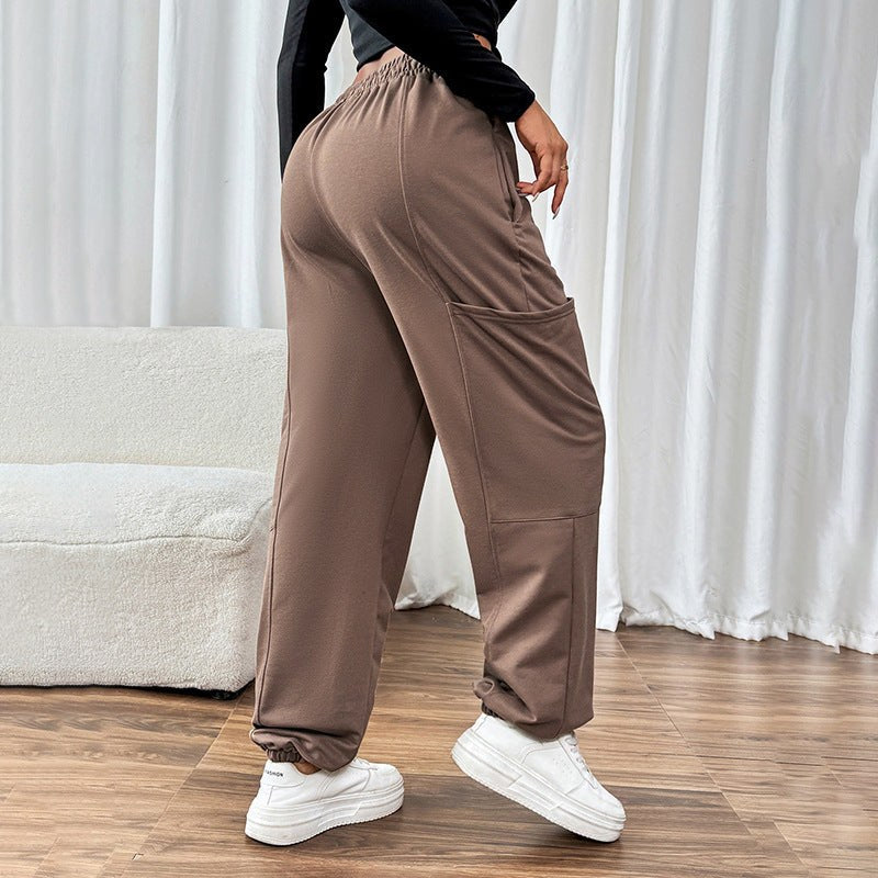 Lettice | Women's Elastic Waist Pockets Casual Pants – Dress Pants in Brown