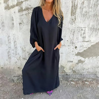 Lia | Women's Maxi V-Neck with Pocket Dress in Black