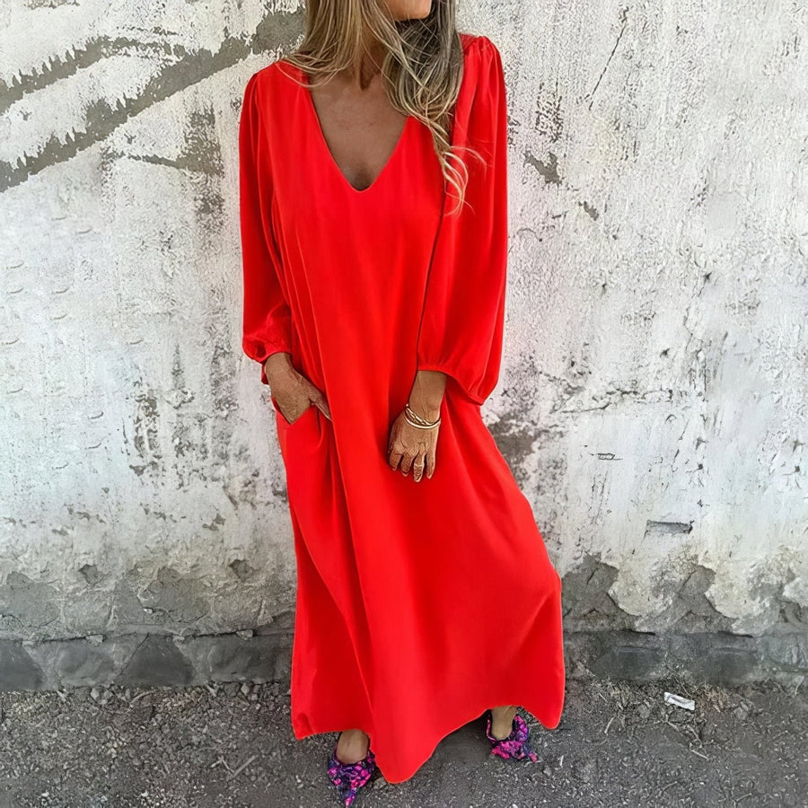 Lia | Women's Maxi V-Neck with Pocket Dress in Red