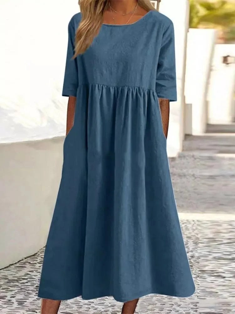 Liana | Women's Midi Round Neck Dress in Navy Blue