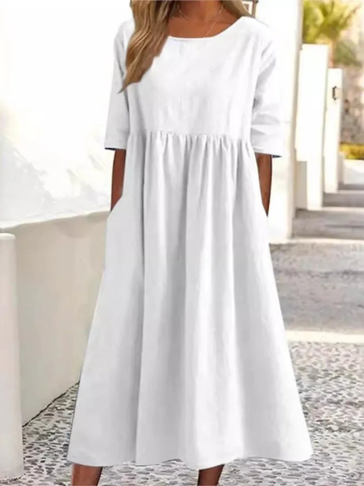 Liana | Women's Midi Round Neck Dress in White