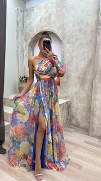 Liliana | Women's One Shoulder Floral Split Maxi Dress in Blue