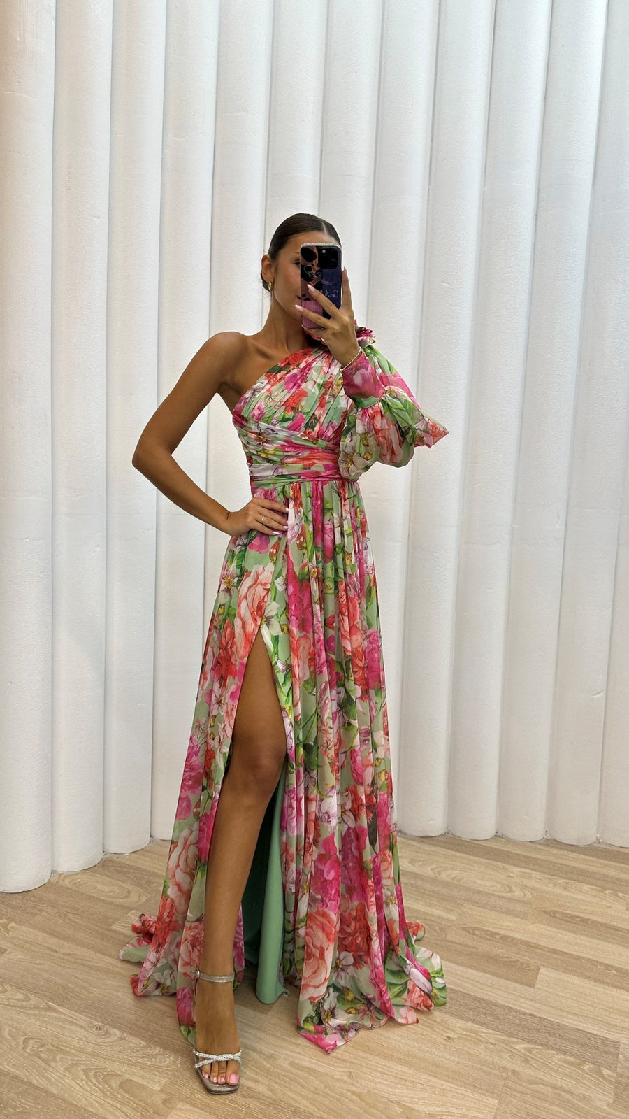 Liliana | Women's One Shoulder Floral Split Maxi Dress in Green