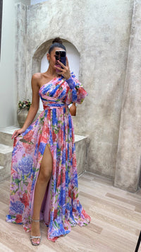 Liliana | Women's One Shoulder Floral Split Maxi Dress in Pink