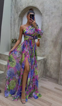 Liliana | Women's One Shoulder Floral Split Maxi Dress in Purple