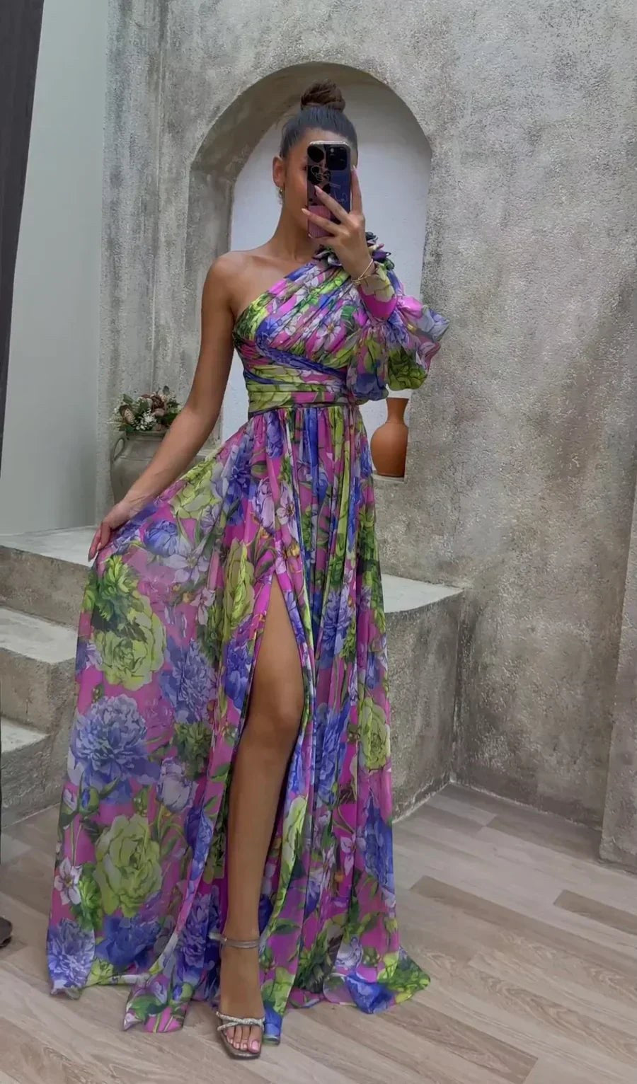Liliana | Women's One Shoulder Floral Split Maxi Dress in Purple