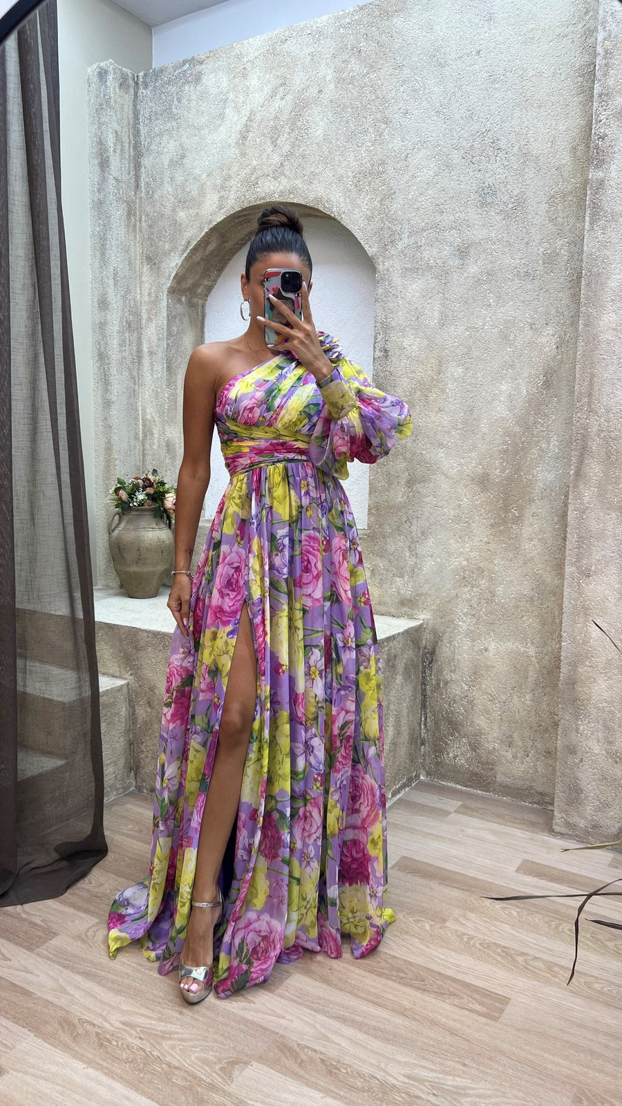 Liliana | Women's One Shoulder Floral Split Maxi Dress in Violet