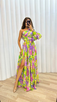Liliana | Women's One Shoulder Floral Split Maxi Dress in Yellow