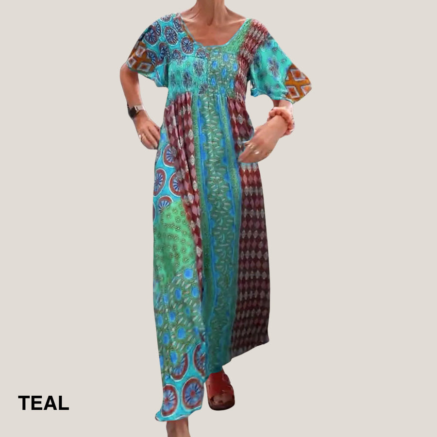 Lilith | Women's Paisley Maxi Short Sleeve Dress in Blue Green