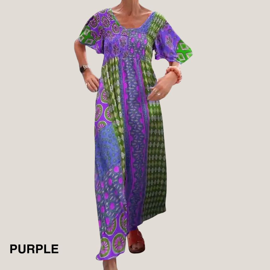 Lilith | Women's Paisley Maxi Short Sleeve Dress in Purple