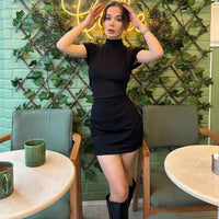 Linnea | Women's Bodycon Stand Collar Short Sleeve Ruched Dress in Black