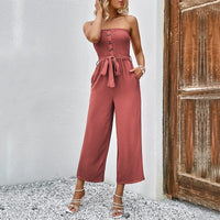 Linnea | Women's Ruffle Detail Belted Chic Jumpsuit in Mahogany
