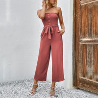 Linnea | Women's Ruffle Detail Belted Chic Jumpsuit in Mahogany