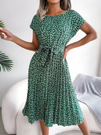 Lisbeth | Women's Pleated Tie Waist Dress in Dark Green