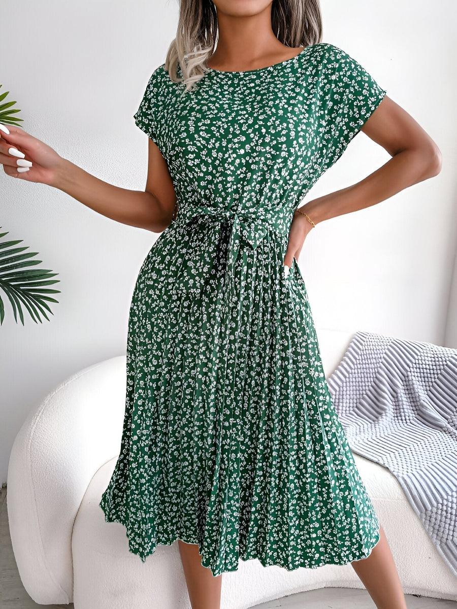 Lisbeth | Women's Pleated Tie Waist Dress in Dark Green
