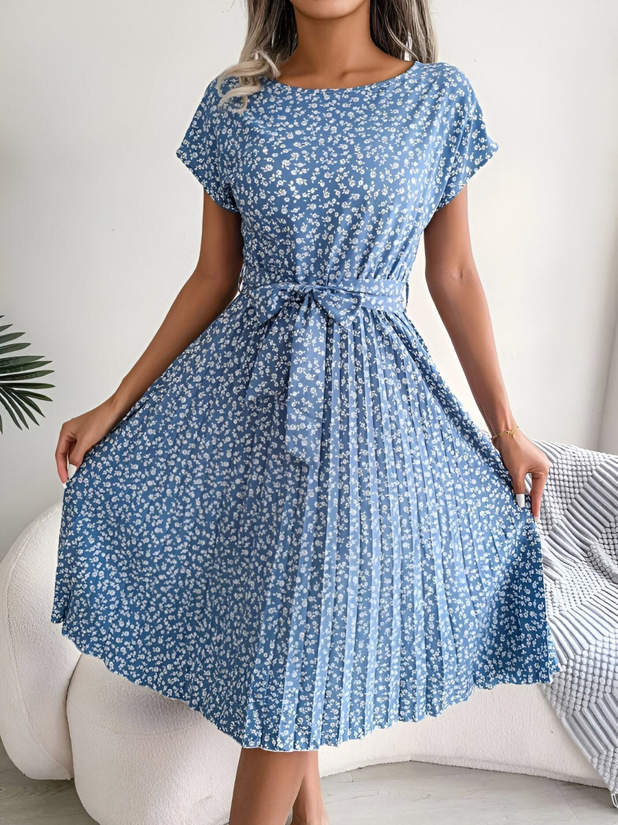 Lisbeth | Women's Pleated Tie Waist Dress in Light Blue