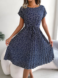 Lisbeth | Women's Pleated Tie Waist Dress in Navy Blue