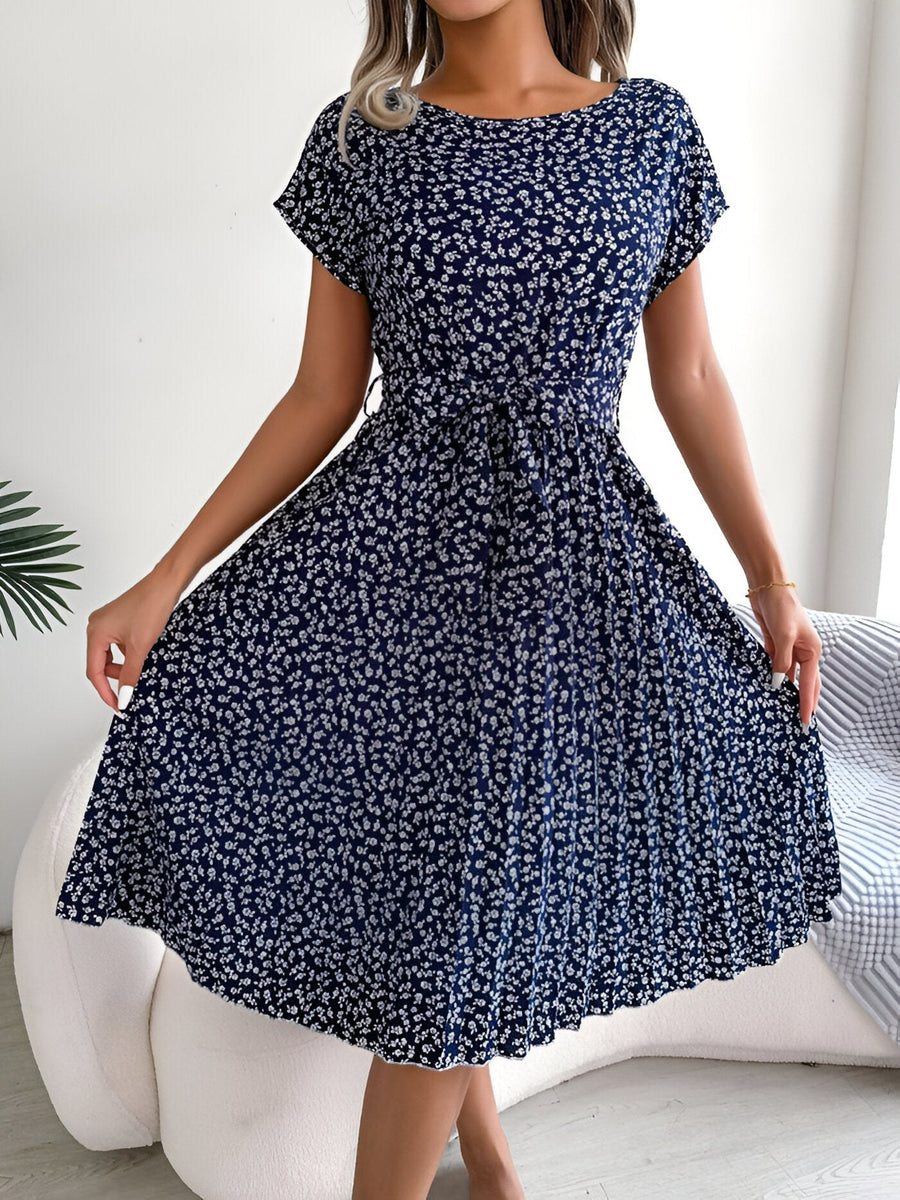 Lisbeth | Women's Pleated Tie Waist Dress in Navy Blue