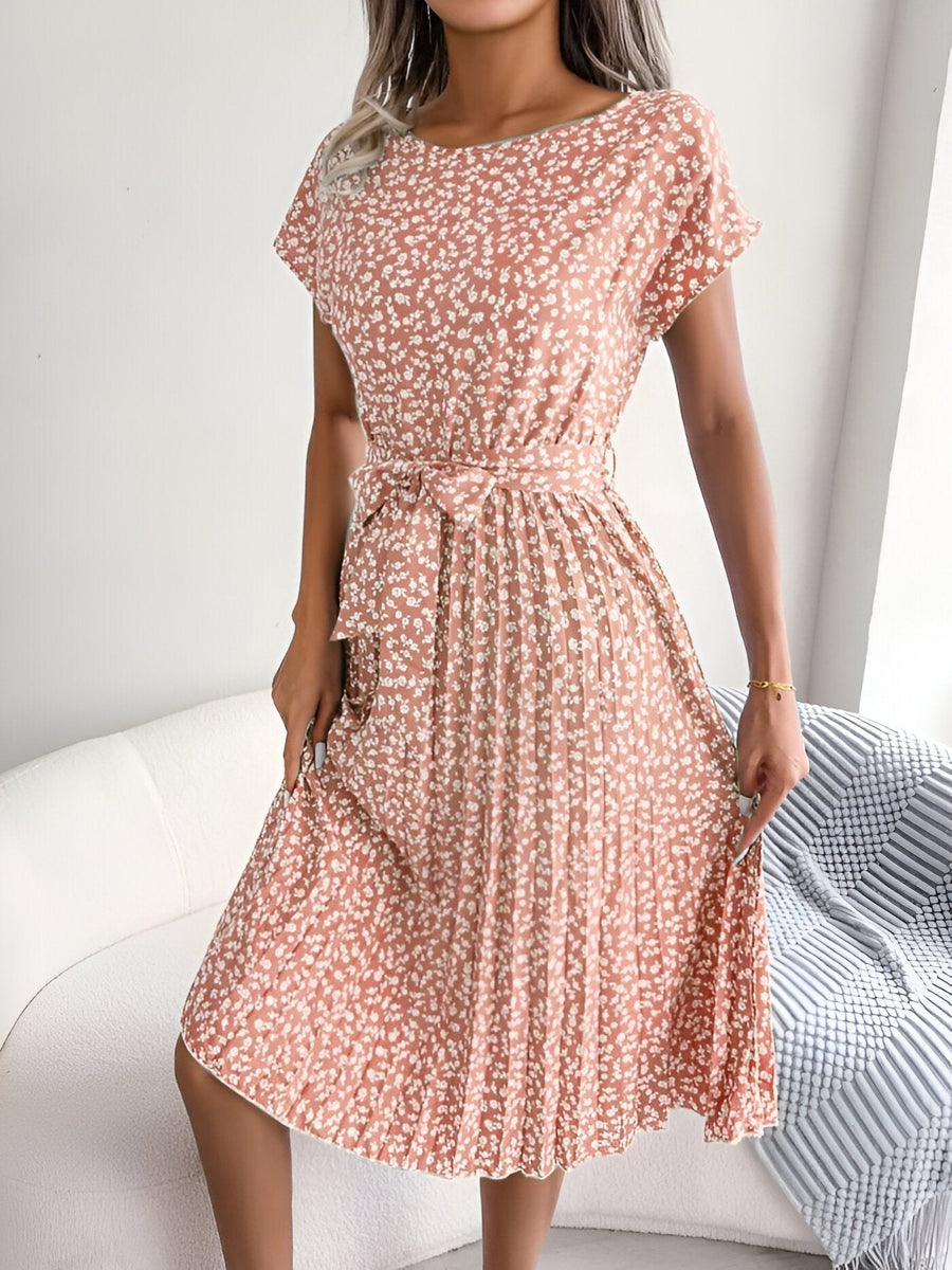 Lisbeth | Women's Pleated Tie Waist Dress in Pink