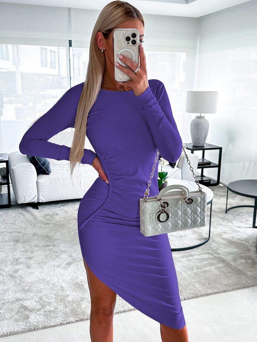 Livia | Women's Asymmetric Bodycon Long Sleeve Ruched Dress in Purple