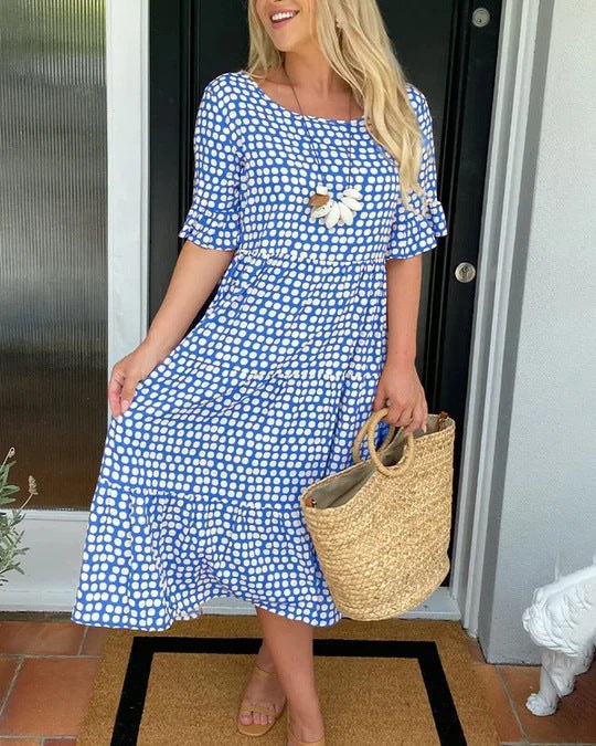 Livia | Women's Polka Dot Midi Short Sleeve Dress in Blue