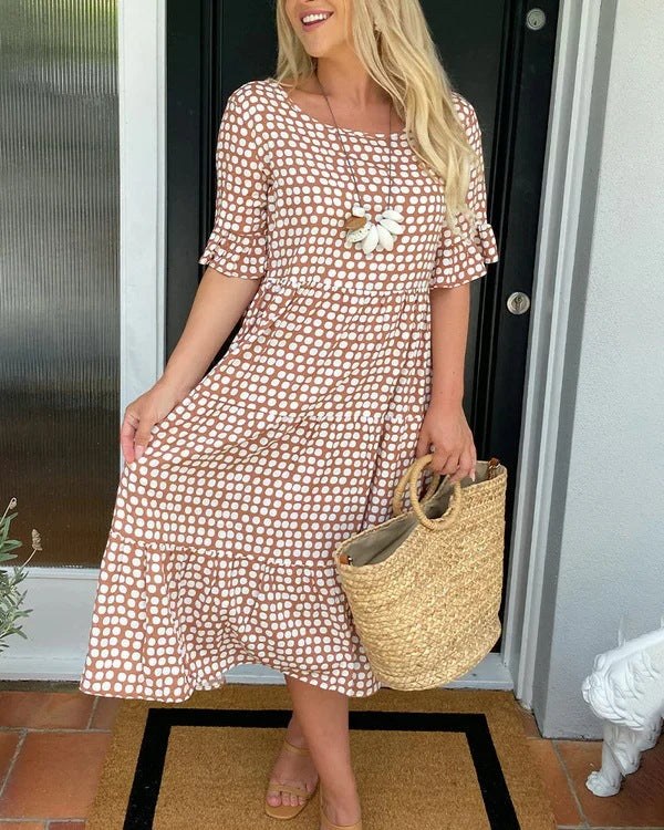 Livia | Women's Polka Dot Midi Short Sleeve Dress in Khaki