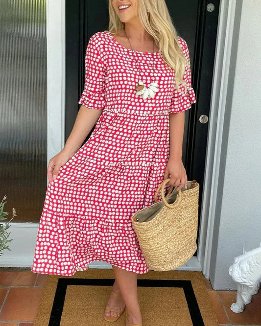 Livia | Women's Polka Dot Midi Short Sleeve Dress in Red