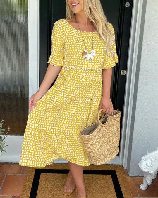 Livia | Women's Polka Dot Midi Short Sleeve Dress in Yellow