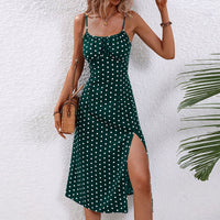 Lois | Women's Polka Dot Midi Split Dress in Dark Green